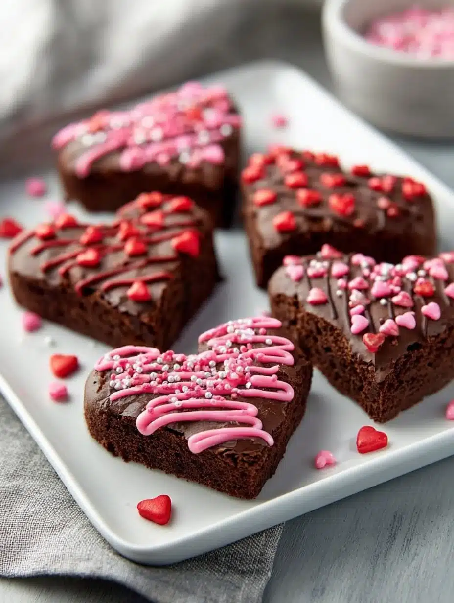 Delicious heart-shaped brownies freshly baked and decorated.
