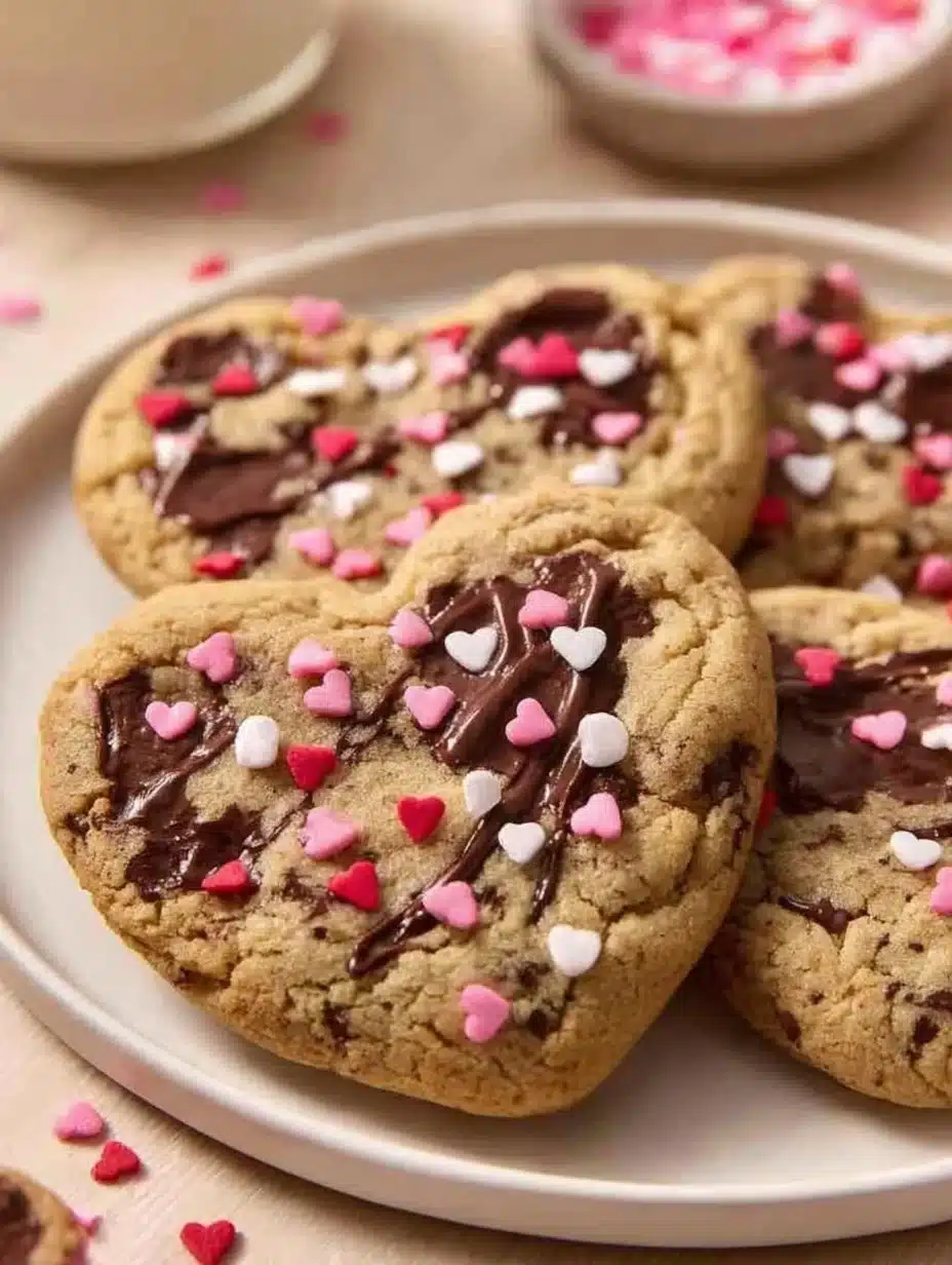 Heart-shaped chocolate chip cookies on a wooden table