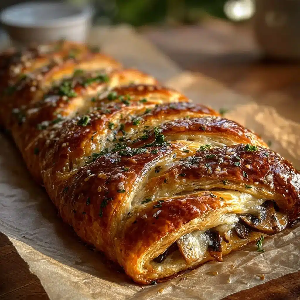 Herbed mushroom and Gruyere pastry plait on a wooden board.