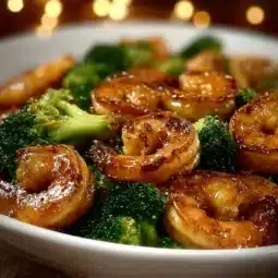 High-protein honey garlic shrimp served on a plate with garnish.