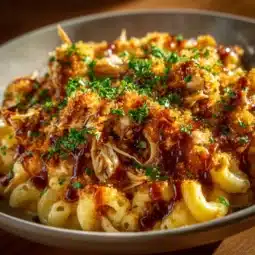 Creamy Honey BBQ Chicken Mac and Cheese dish topped with herbs