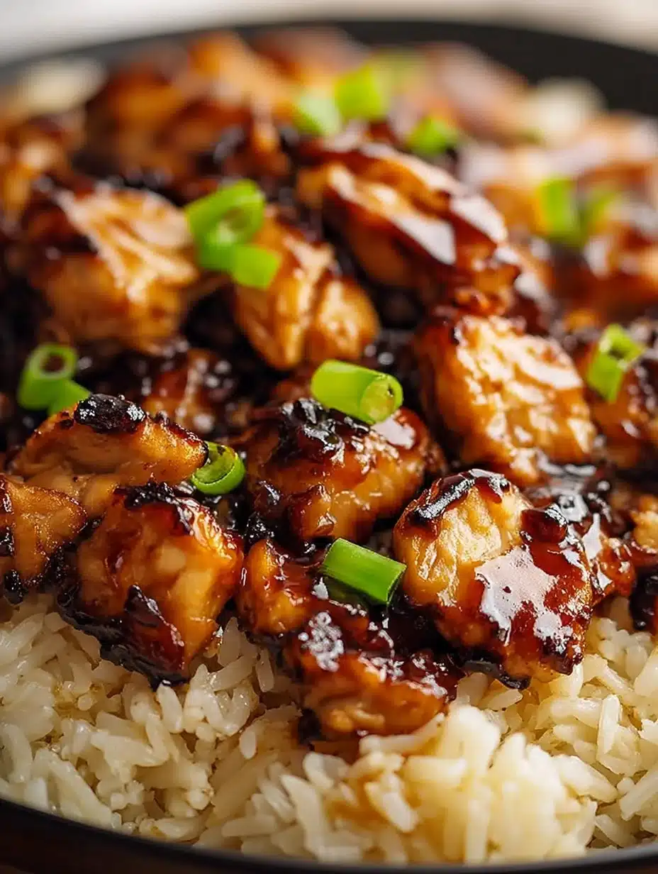 Delicious Honey BBQ Chicken Rice served on a plate garnished with herbs.