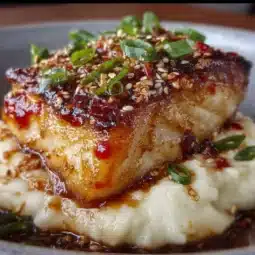 Honey Sriracha glazed baked cod served with roasted garlic mashed potatoes