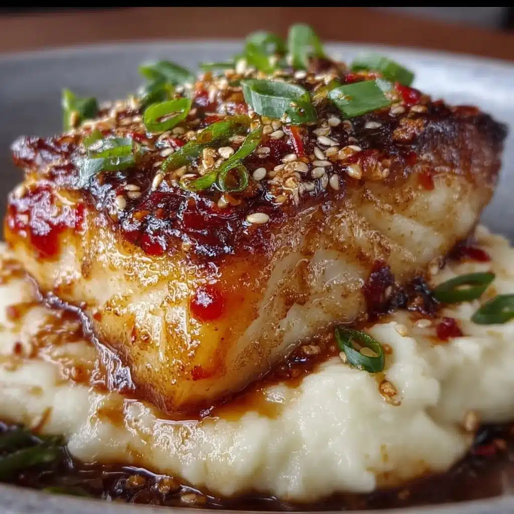 Honey Sriracha glazed baked cod served with roasted garlic mashed potatoes