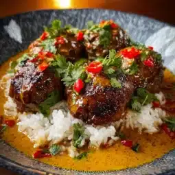 Delicious jerk meatballs served in coconut curry sauce