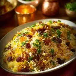 Bowl of colorful jeweled rice with dried fruits and nuts, garnished beautifully.