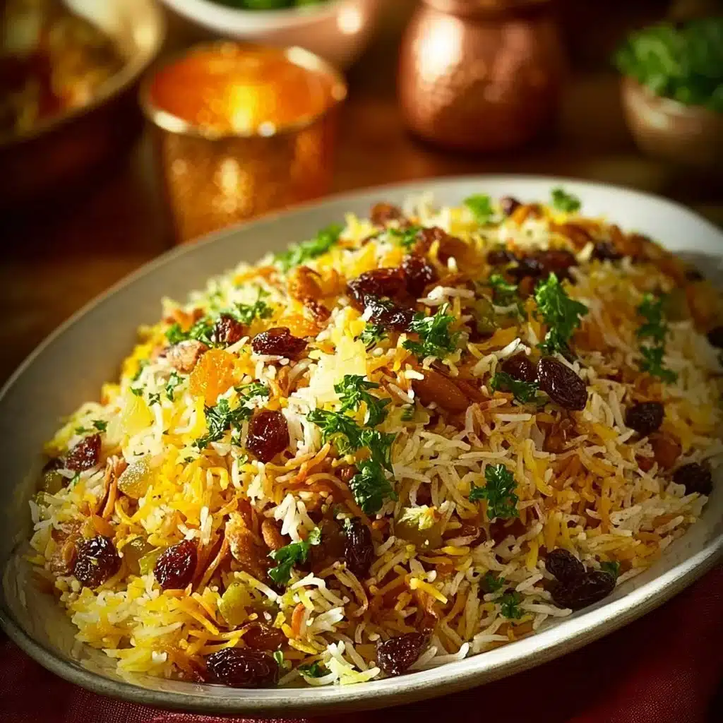 Bowl of colorful jeweled rice with dried fruits and nuts, garnished beautifully.