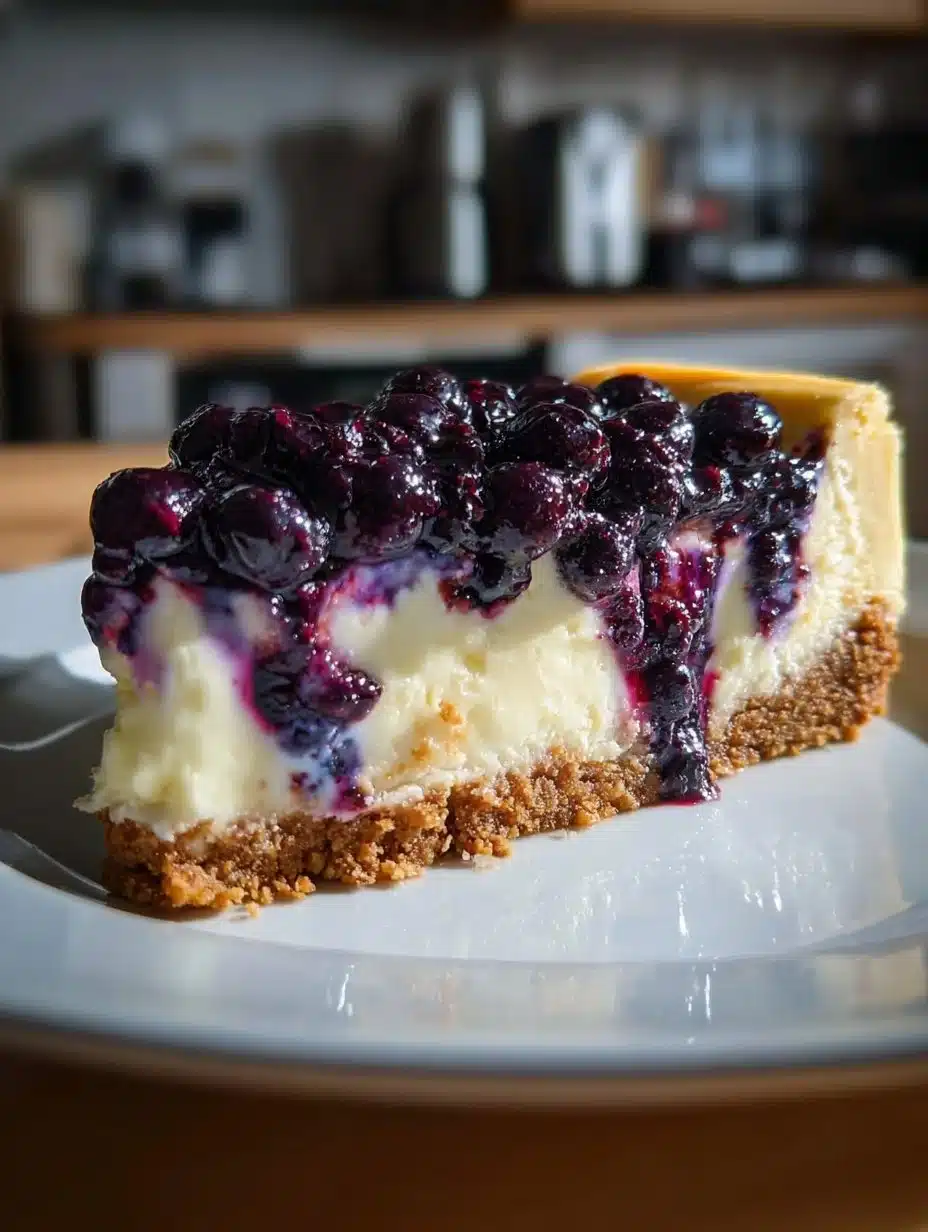 Lavender Lemon Blueberry Cheesecake topped with fresh blueberries and lemon slices.