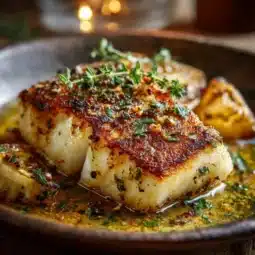 Plate of Lemon Garlic Butter Cod served with fresh herbs and lemon slices