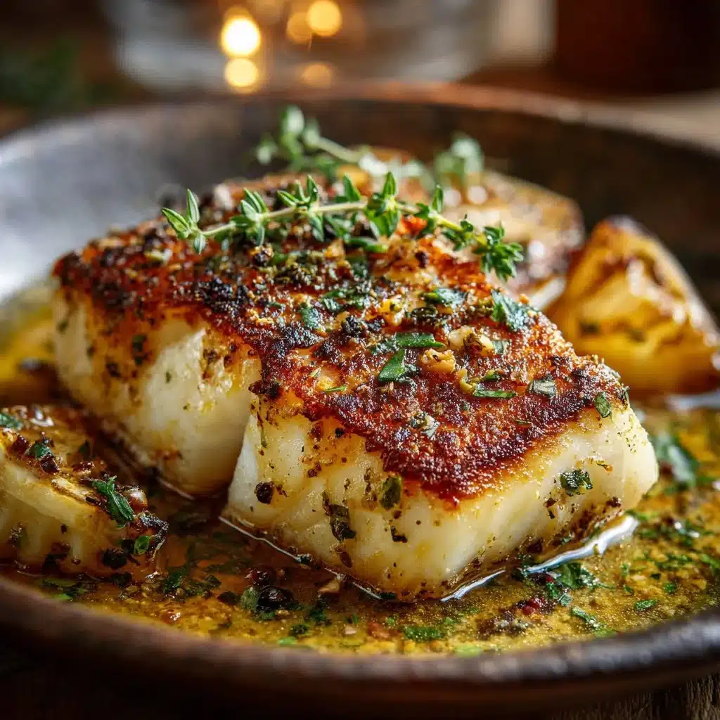 Plate of Lemon Garlic Butter Cod served with fresh herbs and lemon slices