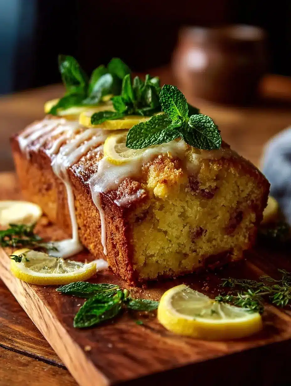 Sliced Lemon Lavender Pound Cake with lemon slices and lavender flowers