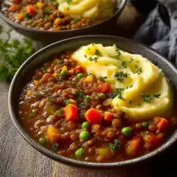 Bowl of delicious lentil stew with vegetables and herbs