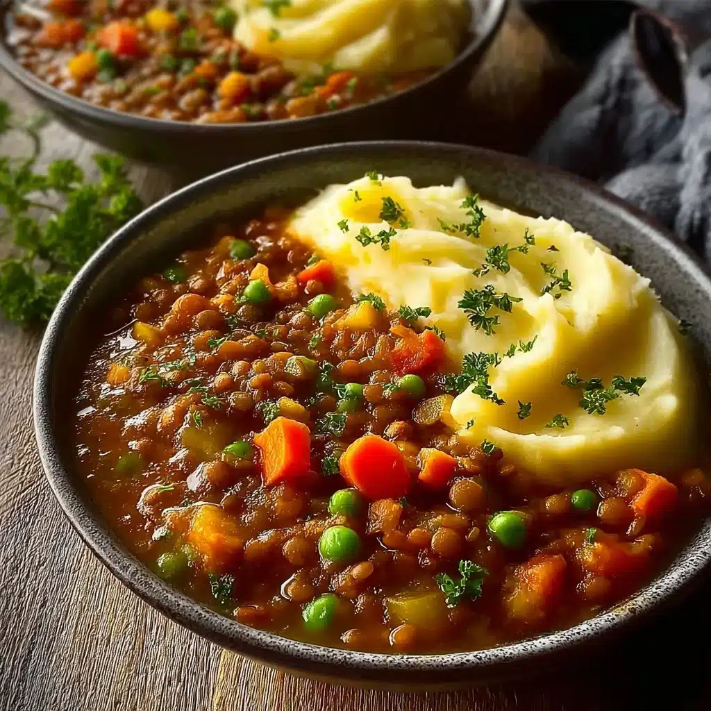 Bowl of delicious lentil stew with vegetables and herbs