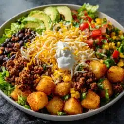 Delicious loaded potato taco bowl garnished with fresh toppings.
