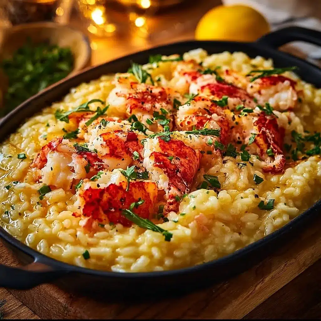 Delicious Lobster Risotto garnished with fresh herbs and lobster pieces
