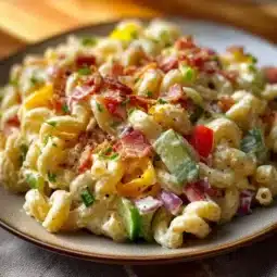 Delicious macaroni salad served in a bowl with fresh vegetables