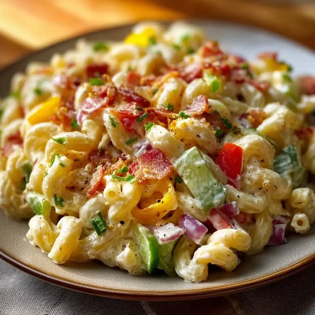 Delicious macaroni salad served in a bowl with fresh vegetables