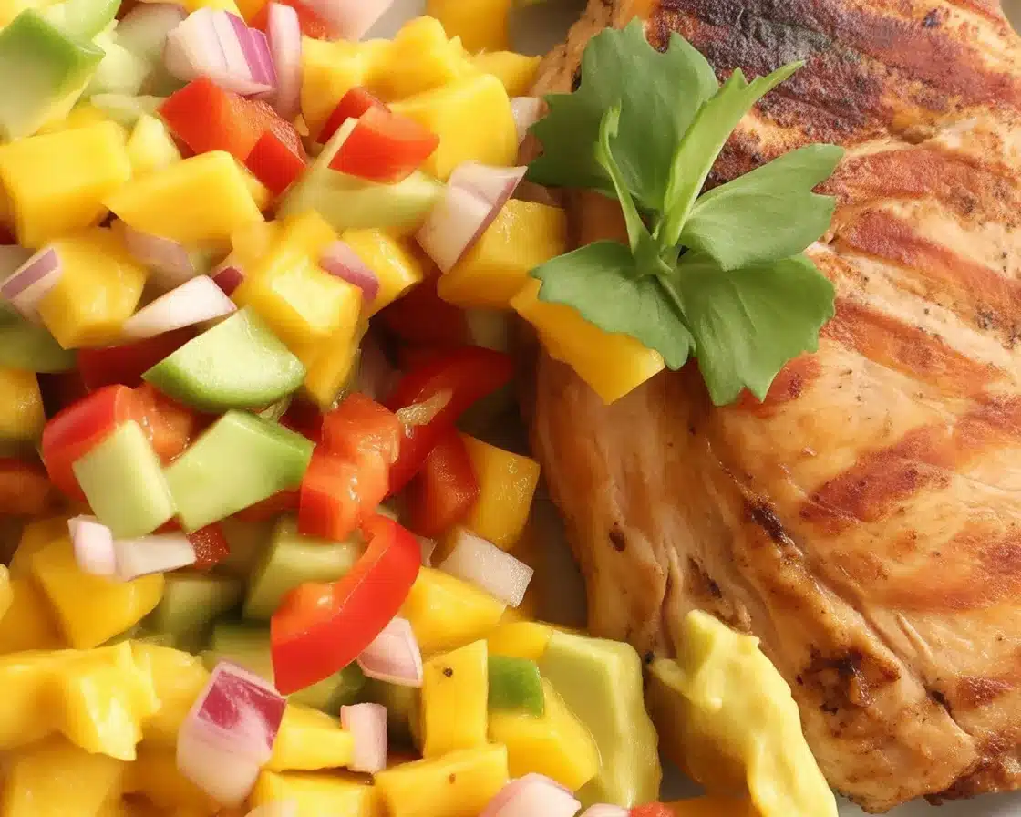 Mango Chili Lime Chicken Bowls served with coconut rice and fresh cilantro