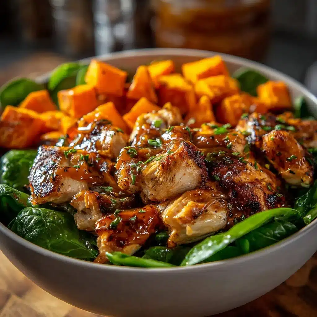 Maple Dijon Chicken with Roasted Sweet Potatoes in a bowl