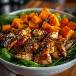 Maple Dijon Chicken served with sweet potato bowls, healthy meal recipe