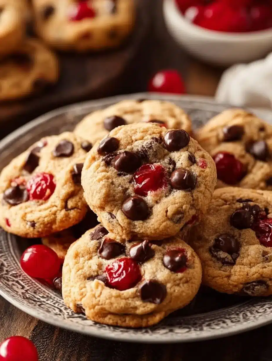 Delicious maraschino cherry chocolate chip cookies on a plate