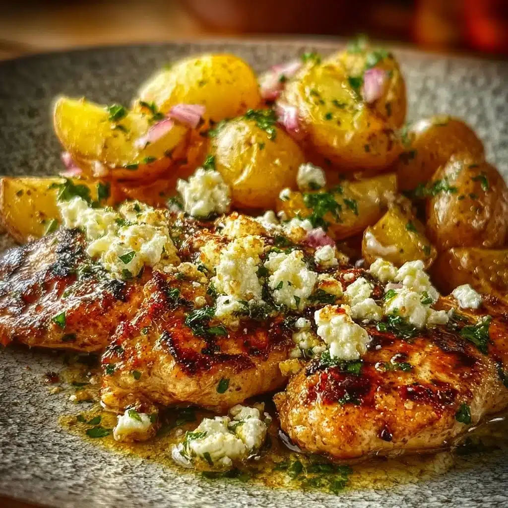 Mediterranean Chicken with crispy potatoes and lemon feta dip on a stylish plate.