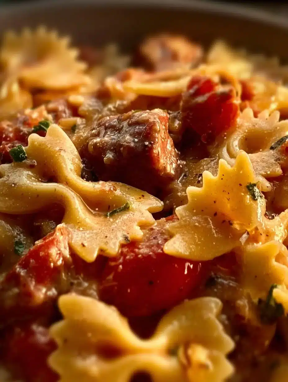 Creamy Cajun Sausage Pasta served in a bowl, garnished with herbs.