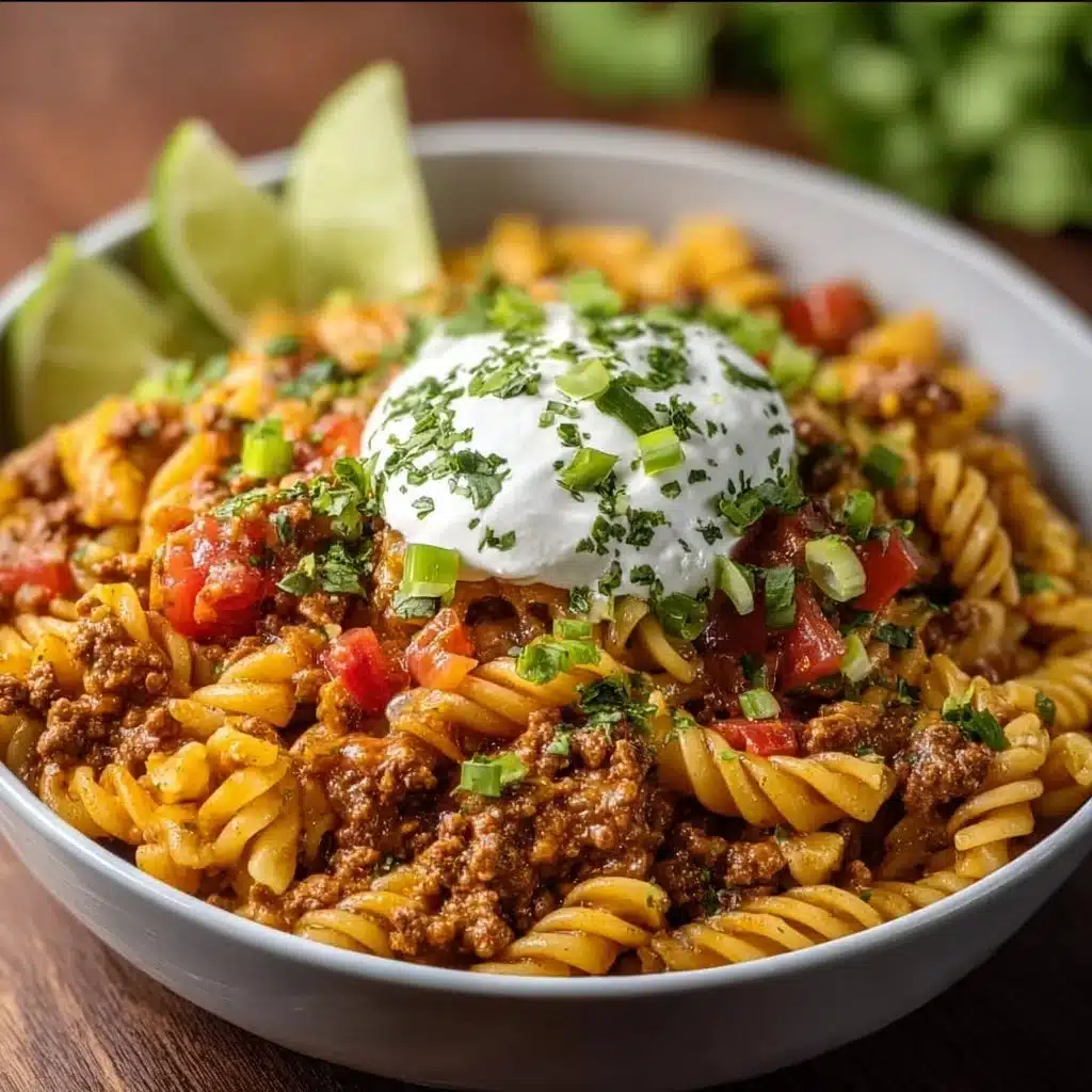Delicious one-pot taco pasta with colorful ingredients in a skillet