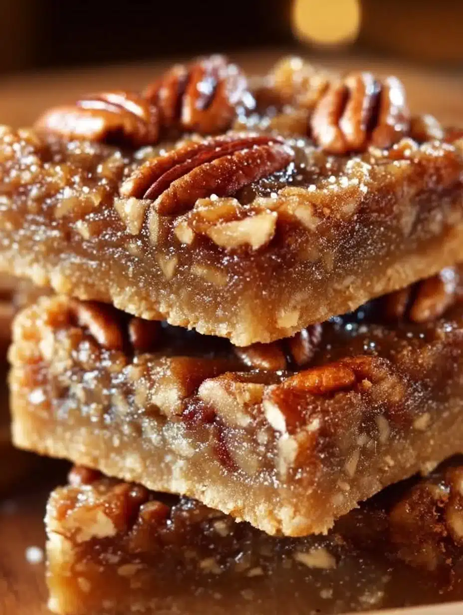 Homemade pecan pie bars topped with caramel and pecans