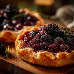 Delicious blackberry lavender galette served on a rustic wooden table