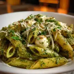 Bowl of Pesto Mozzarella Penne Pasta garnished with fresh basil