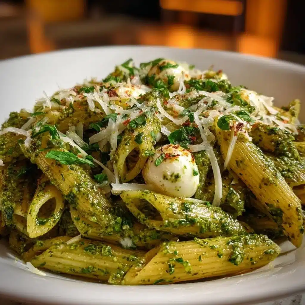 Bowl of Pesto Mozzarella Penne Pasta garnished with fresh basil
