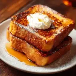 Delicious homemade Pumpkin French Toast served with maple syrup and whipped cream.