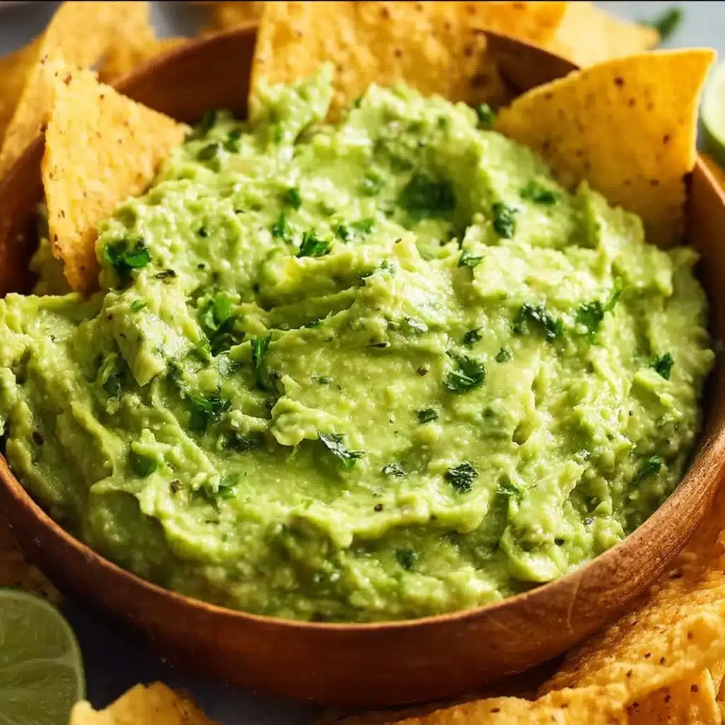 Bowl of fresh guacamole with tortilla chips on a wooden table
