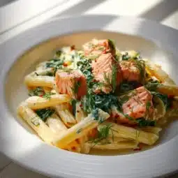 Quick salmon and spinach pasta dish ready to be served