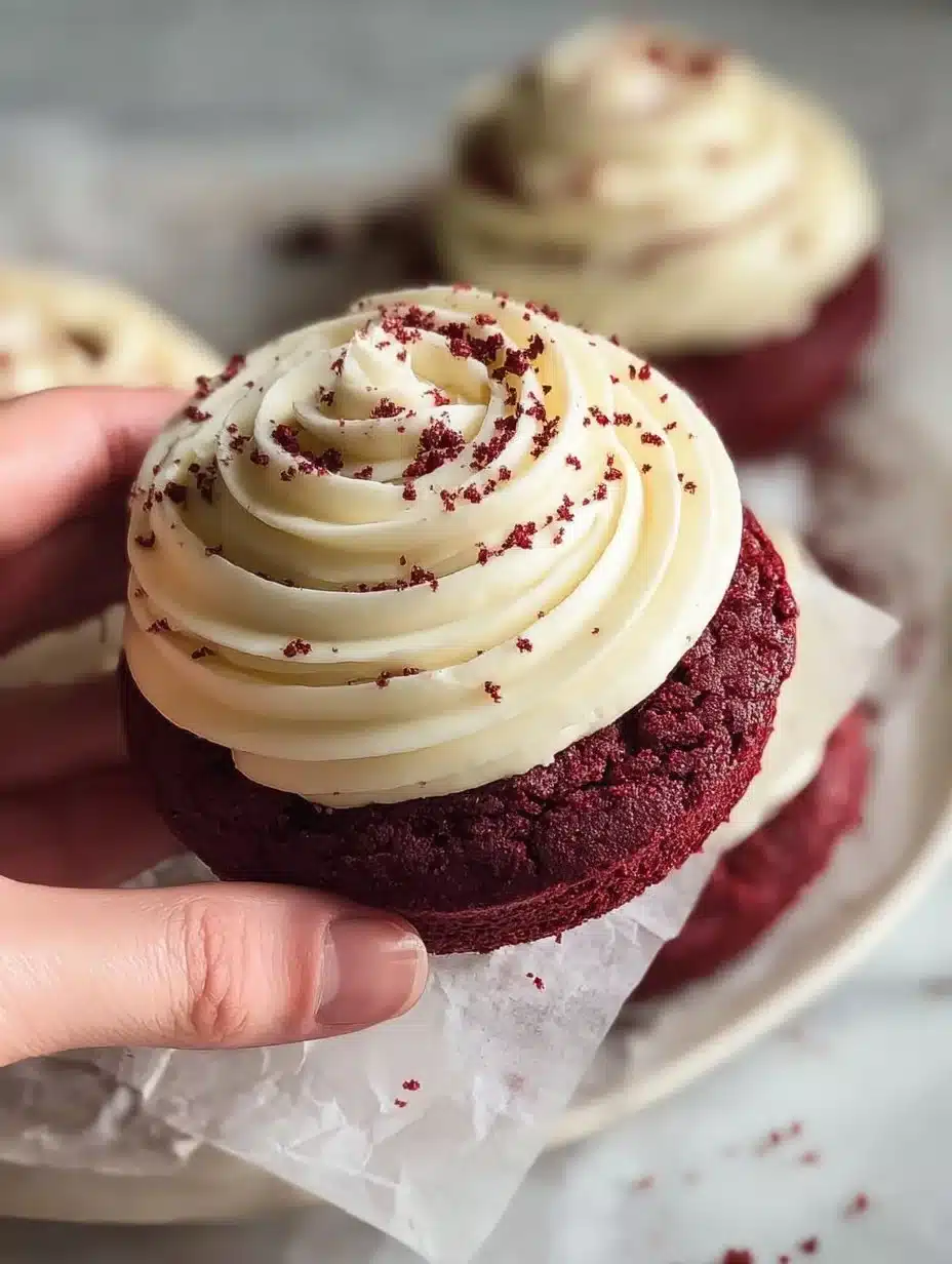 Delicious red velvet cookies with cream cheese frosting on a white plate