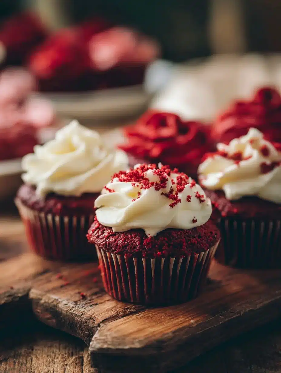 Delicious red velvet cupcakes with cream cheese frosting on a decorative platter.