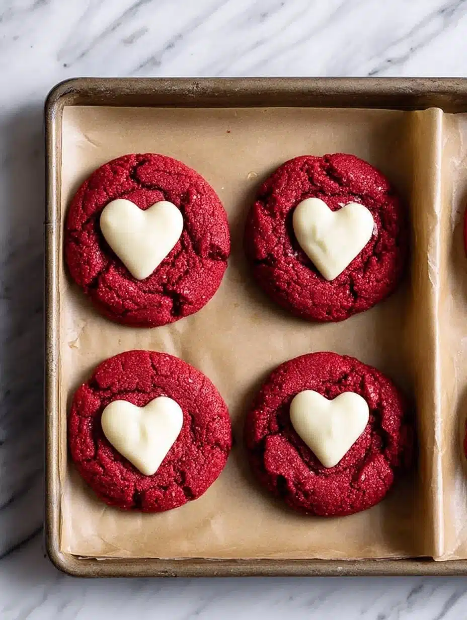 Red velvet sugar cookies decorated with cream cheese frosting.