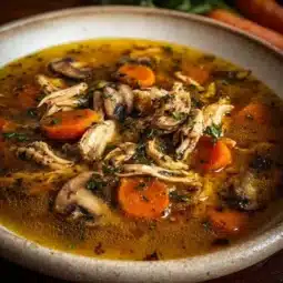 Bowl of creamy Rotisserie Chicken Mushroom Soup topped with fresh herbs