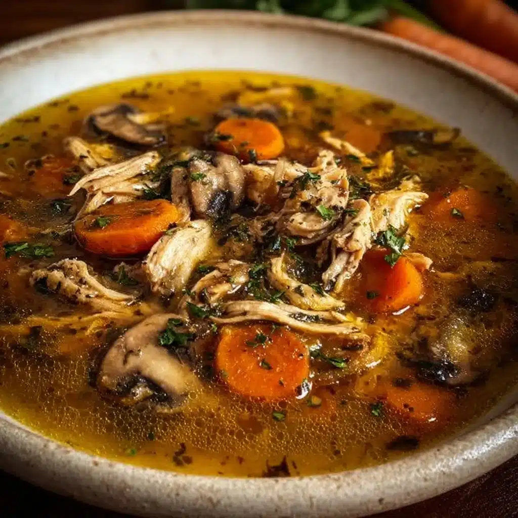 Bowl of creamy Rotisserie Chicken Mushroom Soup topped with fresh herbs