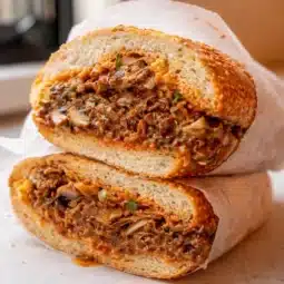 Delicious Spicy Kimchi Bulgogi Cheesesteak stacked with marinated beef and cheese.