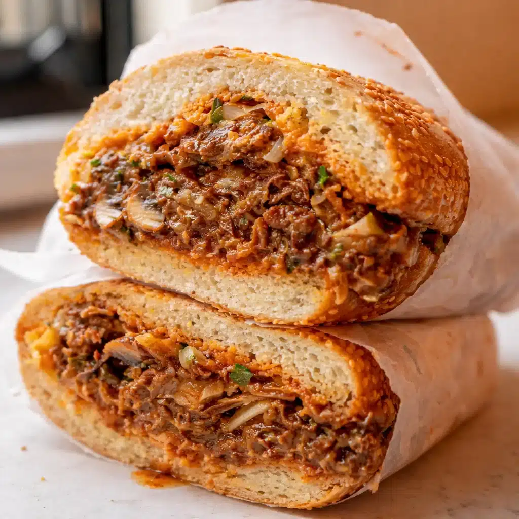 Delicious Spicy Kimchi Bulgogi Cheesesteak stacked with marinated beef and cheese.