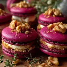 Savory beet macarons with goat cheese filling and walnut crunch topping.