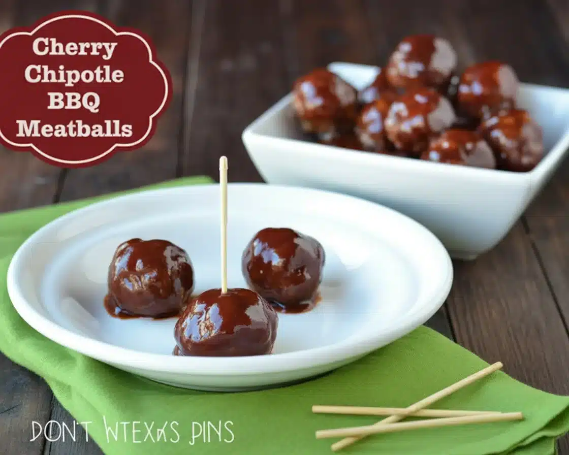 Delicious Cherry Chipotle BBQ Meatballs served on a platter.