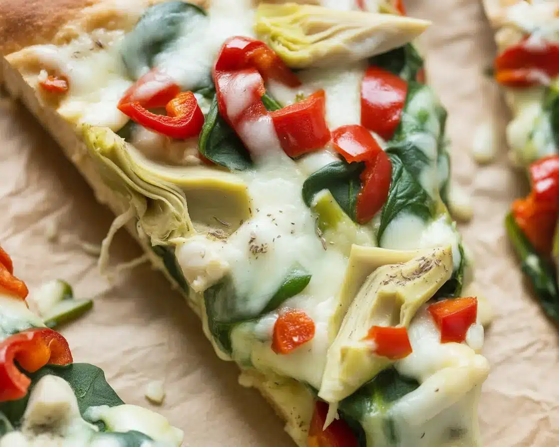 Spinach Artichoke Chicken Pizza on Flatbread with fresh veggies and gooey cheese