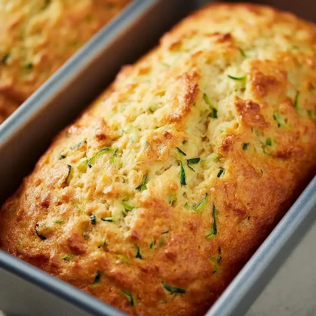 Freshly baked savory zucchini bread sliced on a wooden cutting board