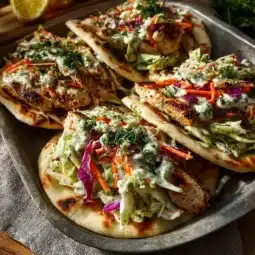 Sheet pan chicken pitas topped with fresh herb ranch slaw on a wooden table