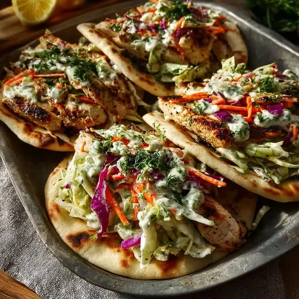 Sheet pan chicken pitas topped with fresh herb ranch slaw on a wooden table