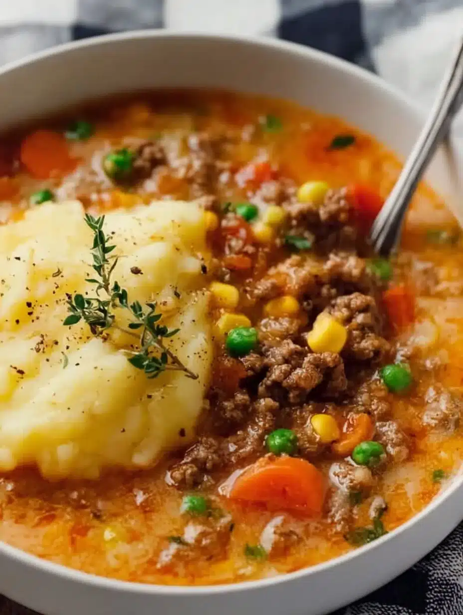 Delicious bowl of Shepherd's Pie Soup garnished with fresh parsley.