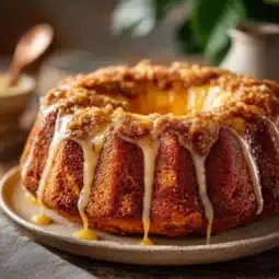 Delicious Southern Peach Cobbler Bundt Cake served on a plate with fresh peaches